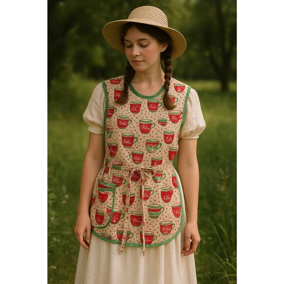 Vtg 60's Pink Coffee Cottagecore Grannycore Kitchen Cobbler Top Apron Womans Os - Picture 1 of 7